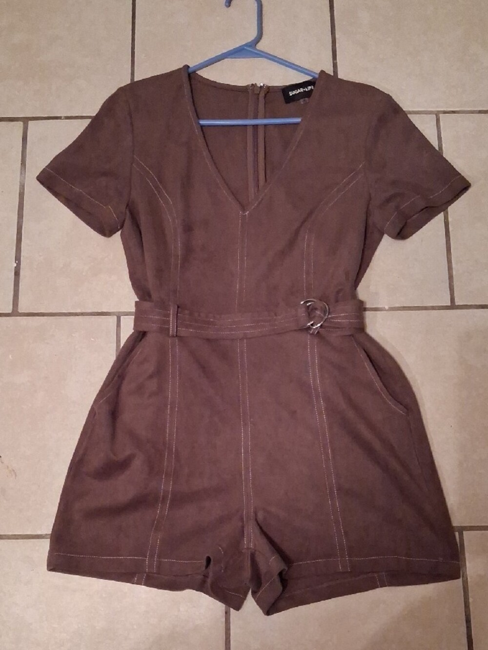 Sugarlips Womens Sz M Brown Suede VNeck Belted Shorts Romper
